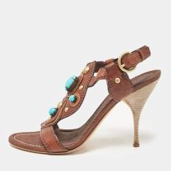 Miu Miu Brown Leather Studded Ankle Strap Sandals Size 38