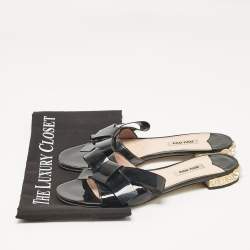 Miu Miu Black Patent Leather Bow Crystal Embellished Flat Slides Size 39