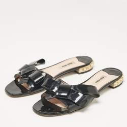 Miu Miu Black Patent Leather Bow Crystal Embellished Flat Slides Size 39