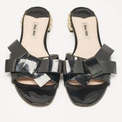 Miu Miu Black Patent Leather Bow Crystal Embellished Flat Slides Size 39