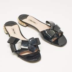 Miu Miu Black Patent Leather Bow Crystal Embellished Flat Slides Size 39