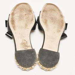 Miu Miu Black Patent Leather Bow Crystal Embellished Flat Slides Size 39