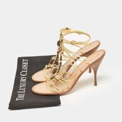 Miu Miu Gold Leather Crystal Embellished Ankle Strap Sandals Size 38.5