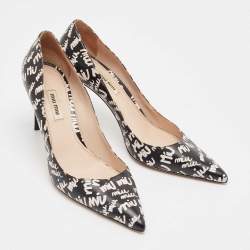 Miu Miu Black/White Leather Logo Print Pumps Size 39.5
