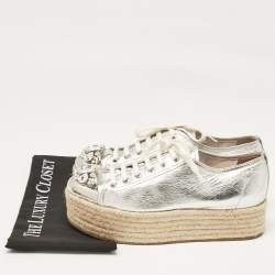 Miu Miu Silver Leather Crystal Embellished Platform Espadrille Flats Size 40