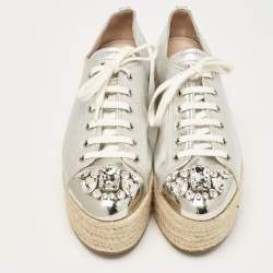 Miu Miu Silver Leather Crystal Embellished Platform Espadrille Flats Size 40