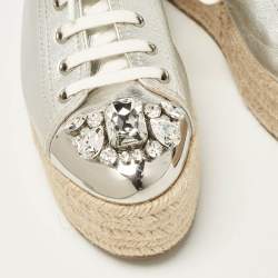 Miu Miu Silver Leather Crystal Embellished Platform Espadrille Flats Size 40