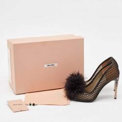 Miu Miu Black Feather and Leather Peep Toe Pumps Size 36.5