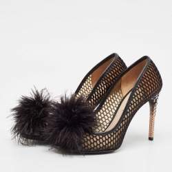 Miu Miu Black Feather and Leather Peep Toe Pumps Size 36.5