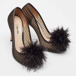 Miu Miu Black Feather and Leather Peep Toe Pumps Size 36.5