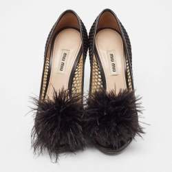 Miu Miu Black Feather and Leather Peep Toe Pumps Size 36.5