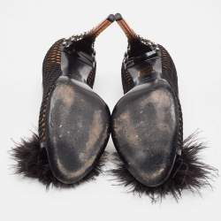 Miu Miu Black Feather and Leather Peep Toe Pumps Size 36.5