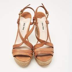 Miu Miu Brown Leather Wedge Sandals Size 37.5