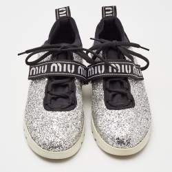 Miu Miu Silver Fabric and Glitter Lace Up Sneakers Size 37
