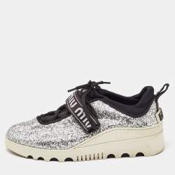 Miu Miu Silver Fabric and Glitter Lace Up Sneakers Size 37