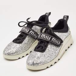 Miu Miu Silver Fabric and Glitter Lace Up Sneakers Size 37