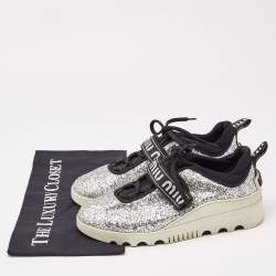 Miu Miu Silver Fabric and Glitter Lace Up Sneakers Size 37