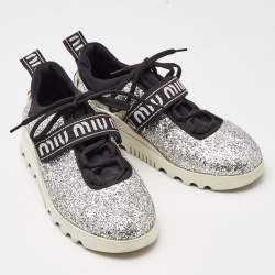 Miu Miu Silver Fabric and Glitter Lace Up Sneakers Size 37