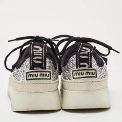 Miu Miu Silver Fabric and Glitter Lace Up Sneakers Size 37