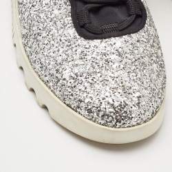 Miu Miu Silver Fabric and Glitter Lace Up Sneakers Size 37