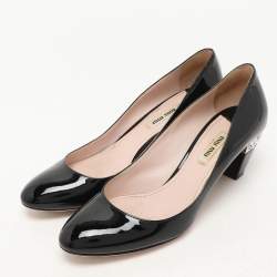 Pre Owned Miu Miu Black Patent Leather Crystal Embellished Block Heel Pumps Size 38