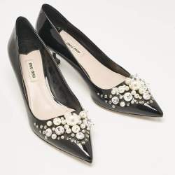 Miu Miu Black Patent Crystal and Pearl Embellished Pointed Toe Pumps Size 39