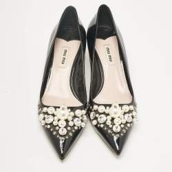 Miu Miu Black Patent Crystal and Pearl Embellished Pointed Toe Pumps Size 39