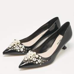 Miu Miu Black Patent Crystal and Pearl Embellished Pointed Toe Pumps Size 39
