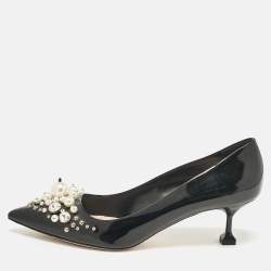Miu Miu Black Patent Crystal and Pearl Embellished Pointed Toe Pumps Size 39
