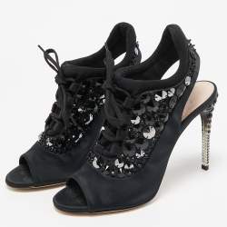 Miu Miu Black Satin And Fabric Crystal Embellished Slingback Sandals Size 38.5
