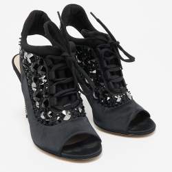 Miu Miu Black Satin And Fabric Crystal Embellished Slingback Sandals Size 38.5