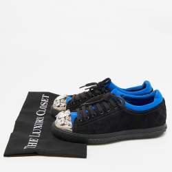 Miu Miu Black/Blue Suede and Fabric Crystal Cap Toe Low Top Sneakers Size 37.5