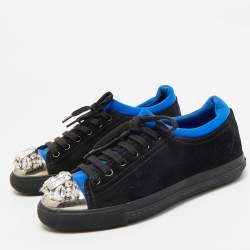 Miu Miu Black/Blue Suede and Fabric Crystal Cap Toe Low Top Sneakers Size 37.5