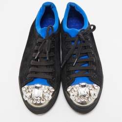 Miu Miu Black/Blue Suede and Fabric Crystal Cap Toe Low Top Sneakers Size 37.5
