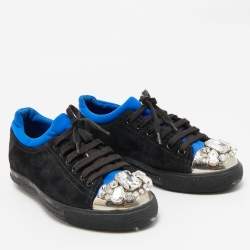 Miu Miu Black/Blue Suede and Fabric Crystal Cap Toe Low Top Sneakers Size 37.5