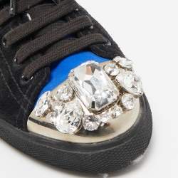 Miu Miu Black/Blue Suede and Fabric Crystal Cap Toe Low Top Sneakers Size 37.5