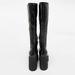 Miu Miu Black Patent Leather Block Heel Platform Knee Length Boots Size 39.5