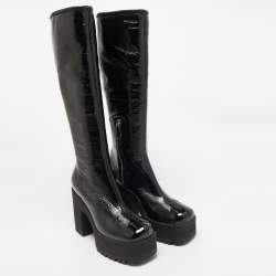 Miu Miu Black Patent Leather Block Heel Platform Knee Length Boots Size 39.5
