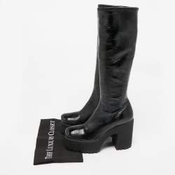 Miu Miu Black Patent Leather Block Heel Platform Knee Length Boots Size 39.5