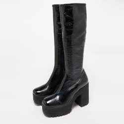 Miu Miu Black Patent Leather Block Heel Platform Knee Length Boots Size 39.5