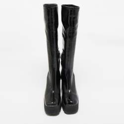 Miu Miu Black Patent Leather Block Heel Platform Knee Length Boots Size 39.5