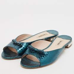 Miu Miu Green Python Embossed Leather Flat Slides Size 40