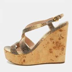 Miu Miu Brown/Cream Python Embossed Leather Platform Wedge Sandals Size 38