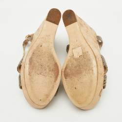 Miu Miu Brown/Cream Python Embossed Leather Platform Wedge Sandals Size 38