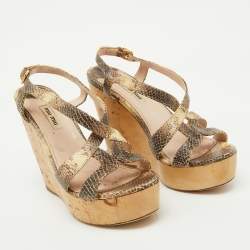 Miu Miu Brown/Cream Python Embossed Leather Platform Wedge Sandals Size 38
