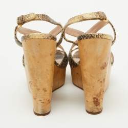 Miu Miu Brown/Cream Python Embossed Leather Platform Wedge Sandals Size 38