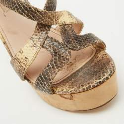 Miu Miu Brown/Cream Python Embossed Leather Platform Wedge Sandals Size 38