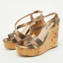 Miu Miu Brown/Cream Python Embossed Leather Platform Wedge Sandals Size 38