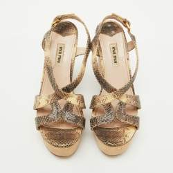 Miu Miu Brown/Cream Python Embossed Leather Platform Wedge Sandals Size 38
