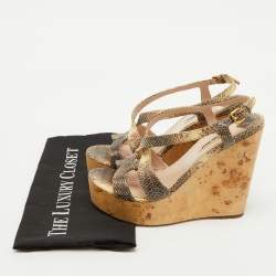 Miu Miu Brown/Cream Python Embossed Leather Platform Wedge Sandals Size 38